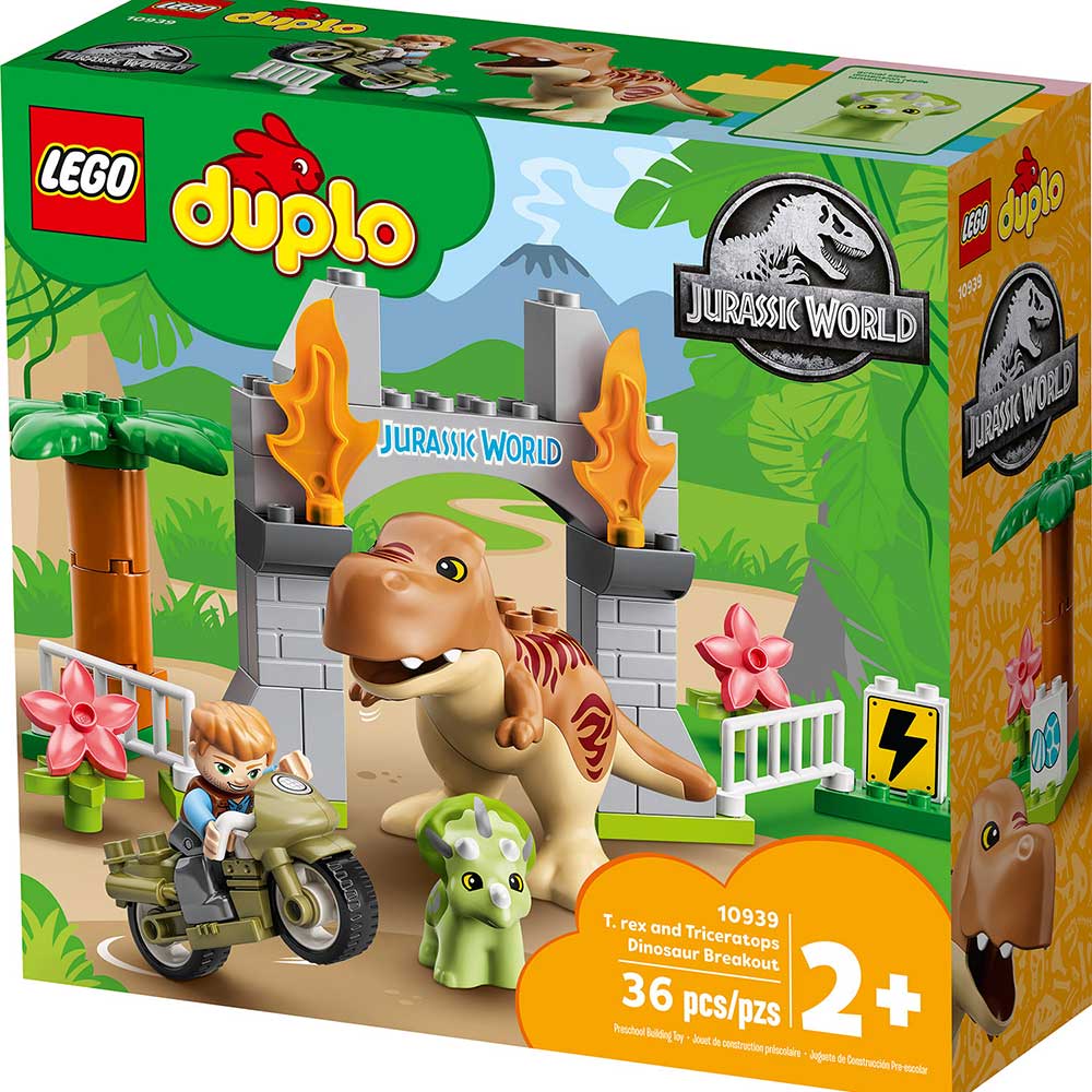 LEGO DUPLO JURASSIC WORLD T. REX AND TRICERATOPS DINOSAUR BREAKOUT 